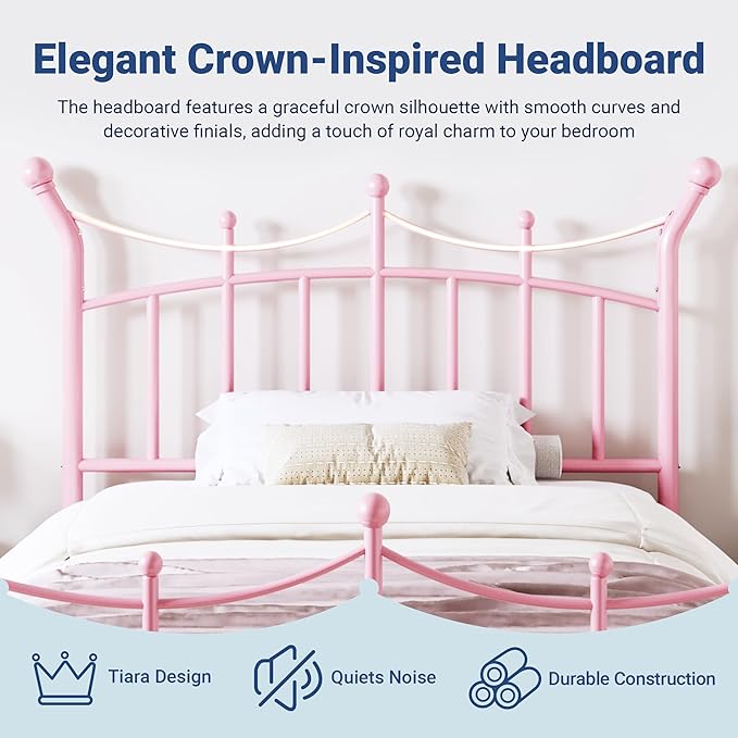 Allewie 14 Inches Twin Size Metal Platform Bed Frame with Elegant Crown Iron-Art Headboard & Footboard, Sturdy Mattress Foundation with Under-Bed Storage, Easy Assembly, No Box Spring Needed, Pink
