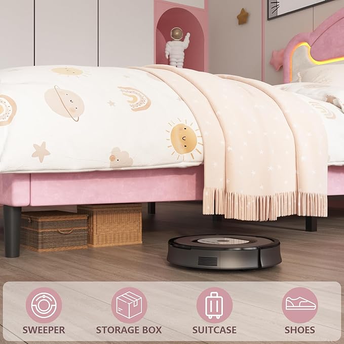 Garvee Twin Size Upholstered Bed Frame with LED Lights & Fabric Headboard, Princess Platform Bed for Girls with Wood Slats, No Box Spring Needed (Pink White)