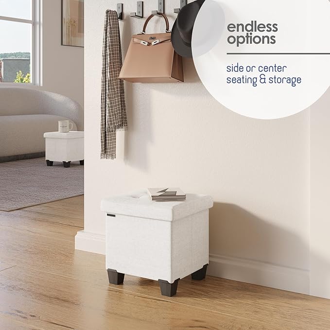 Storage Ottoman Cube with Small Bin, 15-in Square Ottoman with Storage for Living Room and Bedroom, Small Ottomans Foot Rest, Fabric Foot Stools Ottomans Max 330lbs, Cream