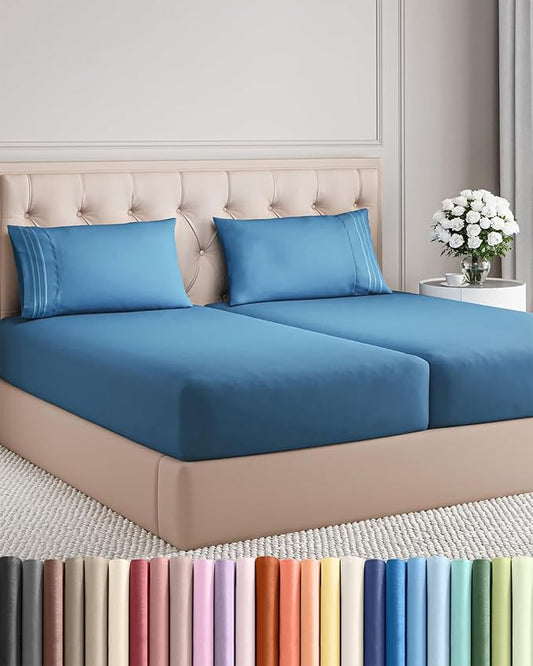 Split King Size 5 Piece Sheet Set - Comfy Breathable & Cooling Sheets - Hotel Luxury Bed Sheets for Women & Men - Deep Pockets, Easy-Fit, Soft & Wrinkle Free Sheets - Denim Blue Oeko-Tex Bed Sheet Set