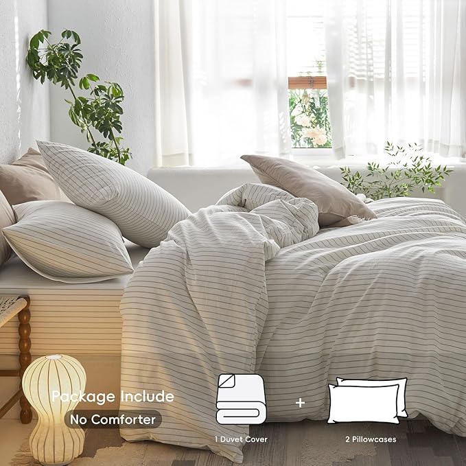 MooMee Striped Duvet Cover Set 100% Washed Cotton Linen Like Textured Breathable Durable Soft Comfy (White Sage Green Wide Stripes, King 104"x90")