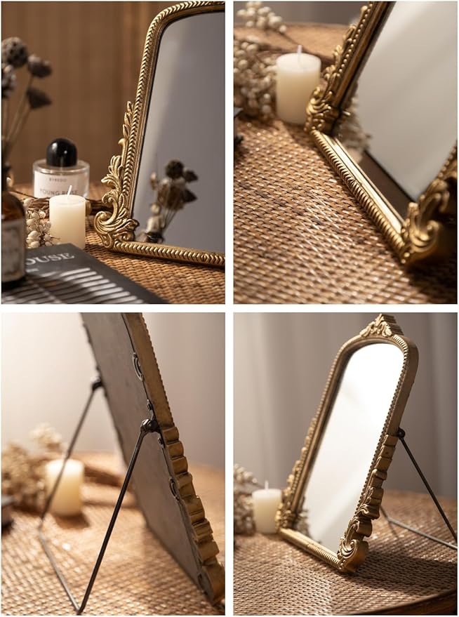 Small Vintage Vanity Makeup Desk Mirror, Antique Traditional Arch Table Mirror in Gold, Decorative Wood Carved Mirror for Living Room Bedroom Tabletop 11.8" x 9.6"