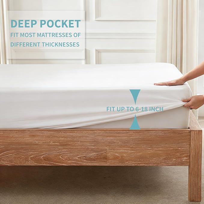 Twin Mattress Protector Waterproof- Washable Mattress Cover Twin Size Fitted Bed Pad Noiseless Plastic Protection Up to 18” Mattress Protector Soft&Breathable（White）