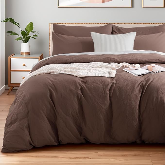 NEXHOME PRO Cal King Duvet Cover Set – 100% Certified Organic Cotton with Washed Feel & Linen-Like Texture, Comfortable & Breathable, Home Bedding Set Dark Brown (No Comforter)