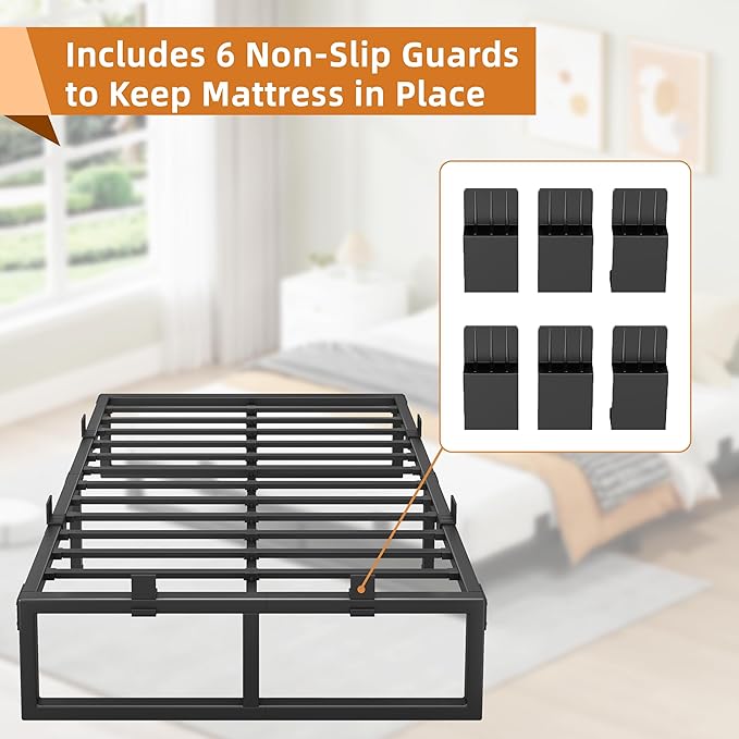Full Size Bed Frame, 18 Inch Metal Platform Bed Frames with Squeak Free U-Slot Design, 6 Non-Slip Guards, 3500lbs Heavy Duty Steel Slat Support, No Box Spring Needed, Under Bed Storage, Black