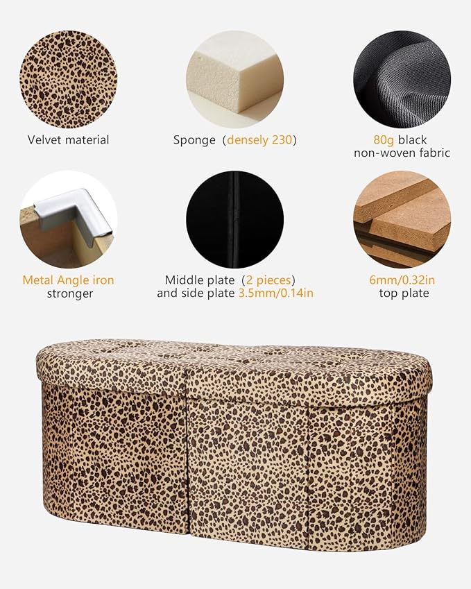 AmasSmile Footrest Ottoman Bench with Storage,34Inch Footstool, Coffee Table, Padded Seat, Storage Chest,Blanket Store with Flipping Lid for Livingroom and Bedroom (Leopard Print(Velvet))