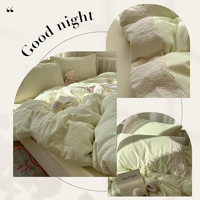 mixinni Green Gingham Duvet Cover Queen Size - 3 Piece Cottagecore Plaid Bedding Set with Lace Trim, Soft Washed Microfiber Vintage Aesthetic Grid Comforter Cover & Pillow Shams, (Green White Gingham)