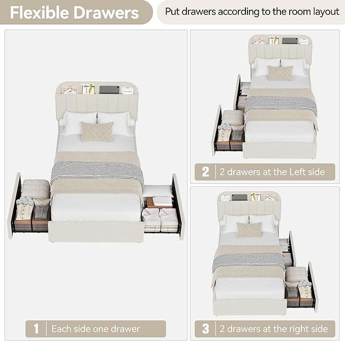 IDEALHOUSE Twin Bed Frame for Kids, Boucle Upholstered Platform Bed for Boys/Girls with 2 Flexible Drawers, Bookcase Headboard, Noise-Free, Easy Assembly, No Box Spring Needed, Beige