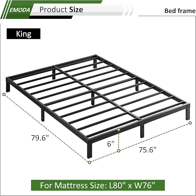 EMODA 6 Inch King Bed Frame No Box Spring Needed, Heavy Duty Metal Platform with Steel Slats, Noise Free, Easy Assembly, Black