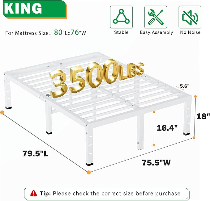 18 Inch King Size Bed Frames, Heavy Duty Metal King Platform 3500 lbs Capacity, No Box Spring Needed, 6 Mattress Slide Stopper, Headboard Holes, Noise-Free, Easy Assembly, White