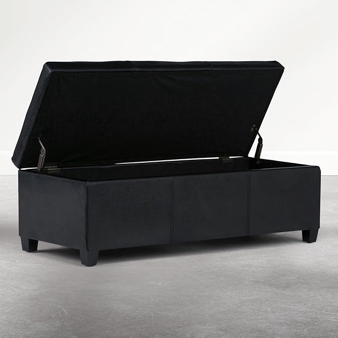 SIMPLIHOME Avalon Storage Ottoman Bench - 48 inch Wide Upholstered Vegan Leather Rectangle Storage Ottoman Bench in Carbon Black, Contemporary Ottoman for Living Room or Entryway with Lift-Up Lid