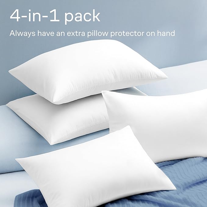 100% Cotton 4-Pack Pillow Protectors with Zipper King Size – 100% Resistant to Stains, Dust & Dirt – Washable Covers for Increased Pillow Lifespan