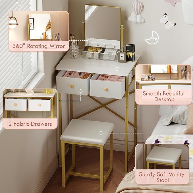 X-cosrack Small Makeup Vanity Desk with Mirror & Chair, Mini Vanity Desk Table Set with Fabric Storage Drawer, 19.7" Compact Vanity Desk for Girls, Dressing Table with Chair for Bedroom, White Golden