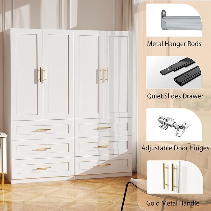 White Wardrobe with 4 Doors: 75" Tall Armoire Wardrobe Closet with 6 Drawers, Bedroom Closet Cabinet for Hanging Clothes, Wooden Storage Armoire with Shelves (Modern, 2)