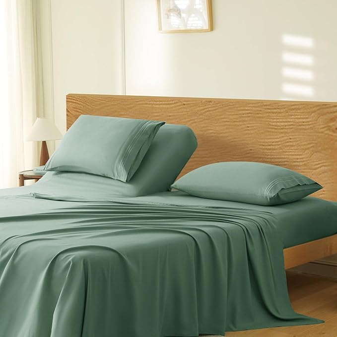 Manyshofu 4 Piece Split Head King Sheets Sets for Adjustable Bed Sheet, Flex Head Split Top King Sheets Sage Green Sheet Set - 1800 Thread Count Bedding Set with 14-16 Inch Deep Pockets