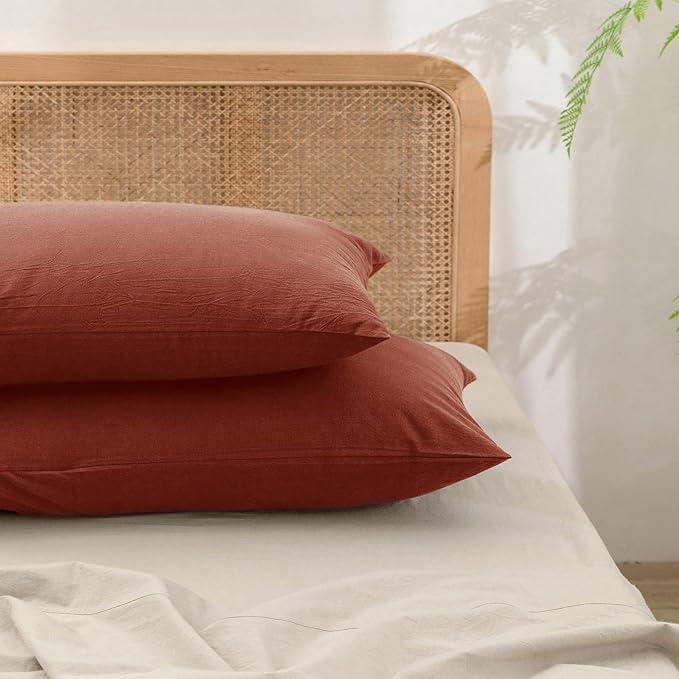 BESTOUCH 100% Washed Cotton Pillowcase for Hair and Skin Linen Feel Soft Comfortable Breathable 2 Set Pillow Case with Envelope Closure Solid Crimson Red Standard 20x26 Inches
