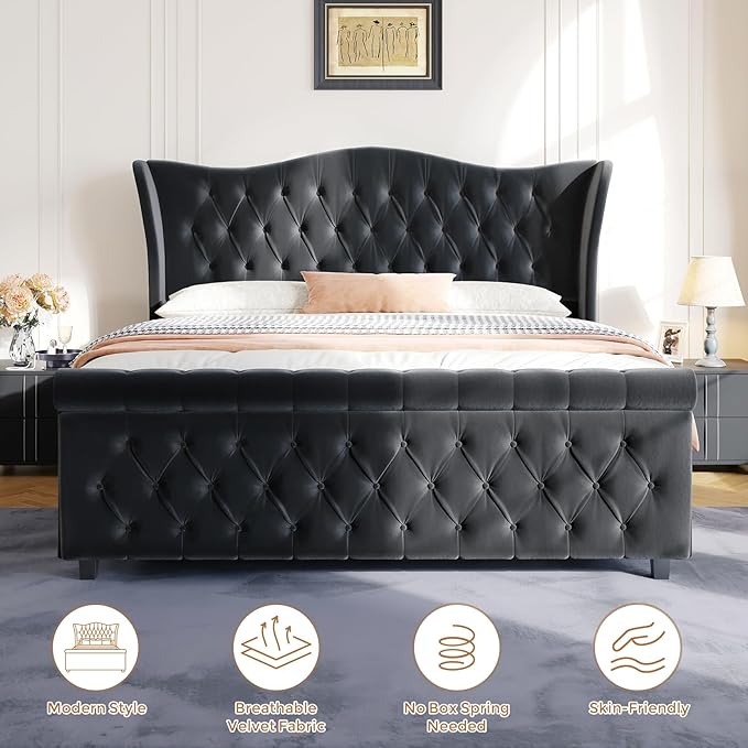 koorlian King Size Bed Frame,Velvet Upholstered Sleigh Bed with Scroll Wingback Headboard & Footboard,Luxury & Soft Button Tufted Modern Bed,Easy Assembly,No Box Spring Needed
