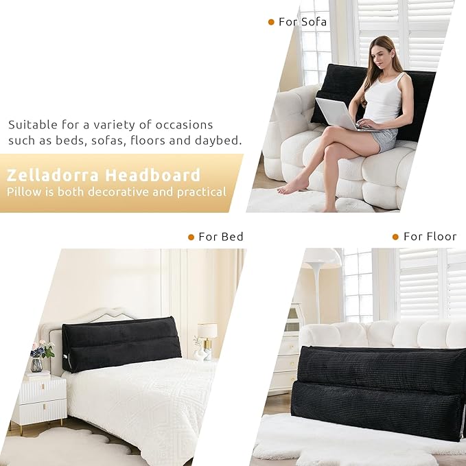 Zelladorra Wedge Pillow Headboard, Headboard Pillow Queen for Reading or Sitting, Bolster Pillow with Large Memory Foam, Removable Cover, Black