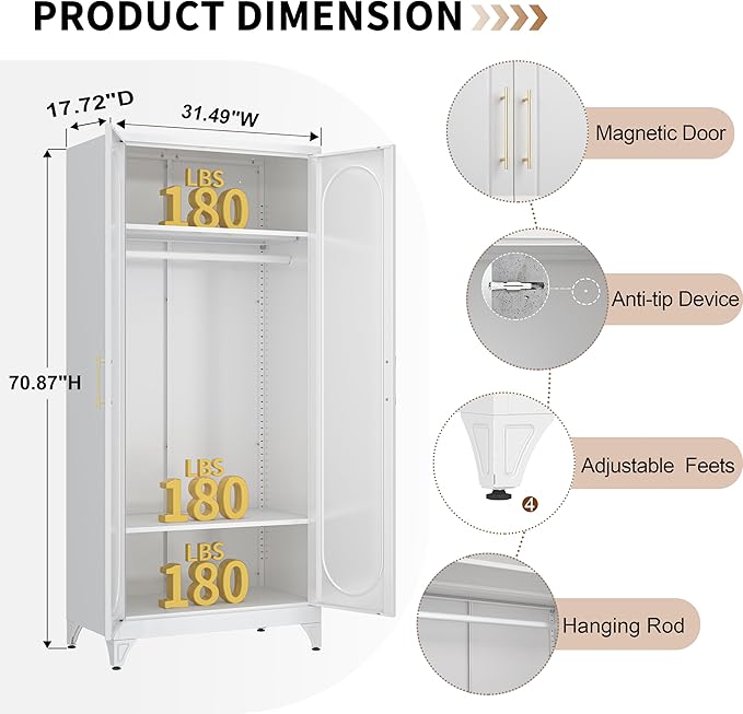 Metal Wardrobe Cabinets,White Armoire Wardrobe Closet with Hanging Rod,Clothes Storage Cabinet with Adjustable Shelves and Doors,Clothing Cabinet for Bedroom, Office, Laundry Room