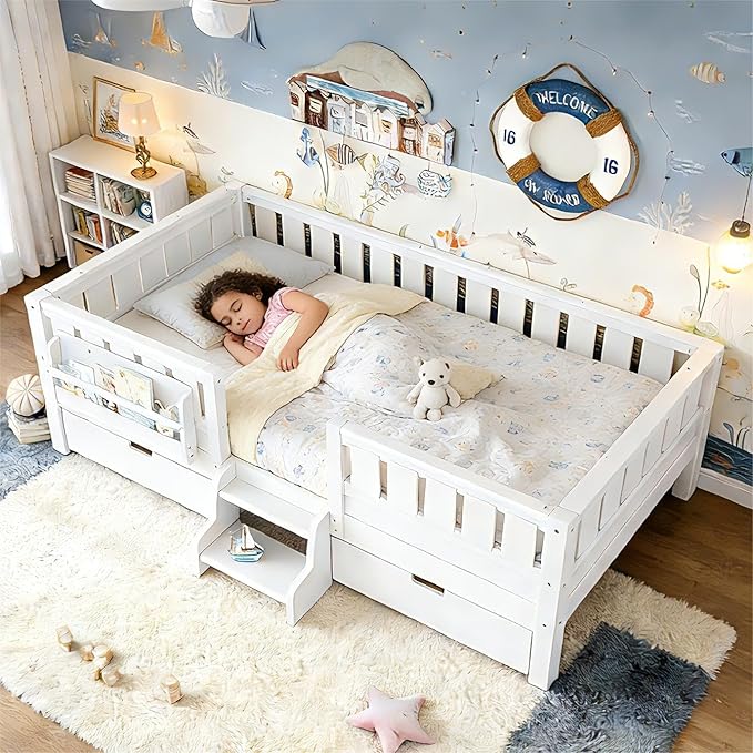 Bellemave Full Size Bed Frame with Storage Drawers & Bookshelf, Low Profile Kids Bed with Staircase & Full Length Guardrails, Solid Wood Full Size Bed Frame Kids with Slats Load 450 LBS, White
