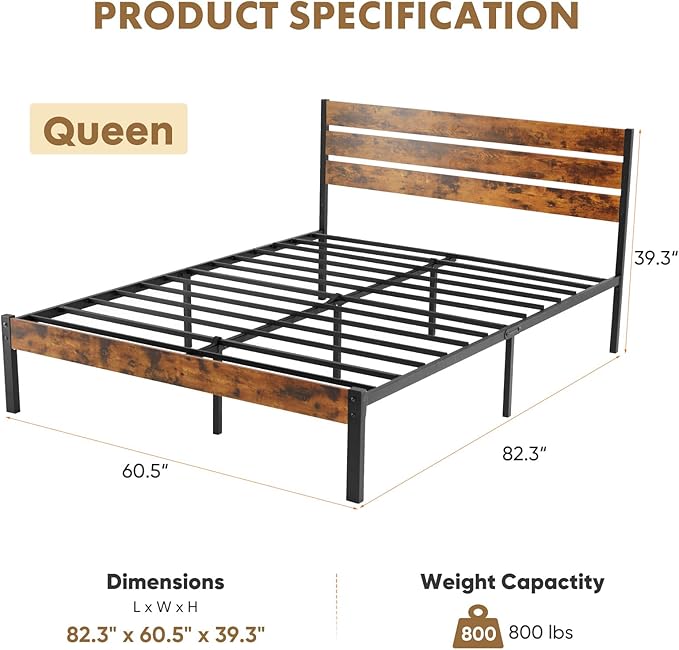 OLIXIS Queen Size Bed Frame with Headboard, 800LBS Bed Base with All Sturdy Metal Support, Under Bed Storage, No Box Spring Needed, Easy Assembly, Rust Brown