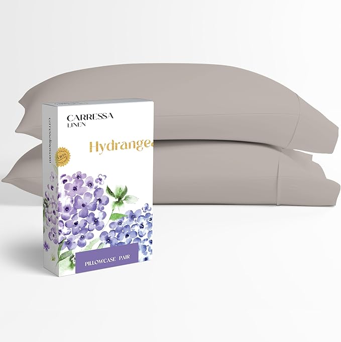 Carressa Linen 100% Egyptian Cotton Pillow Cases Queen Size Set of 2 - Luxury 600 Series Hydrangeas Collection Queen Size Pillowcases (Taupe), Cooling Sateen Weave Hotel Quality Bed Pillow Cover