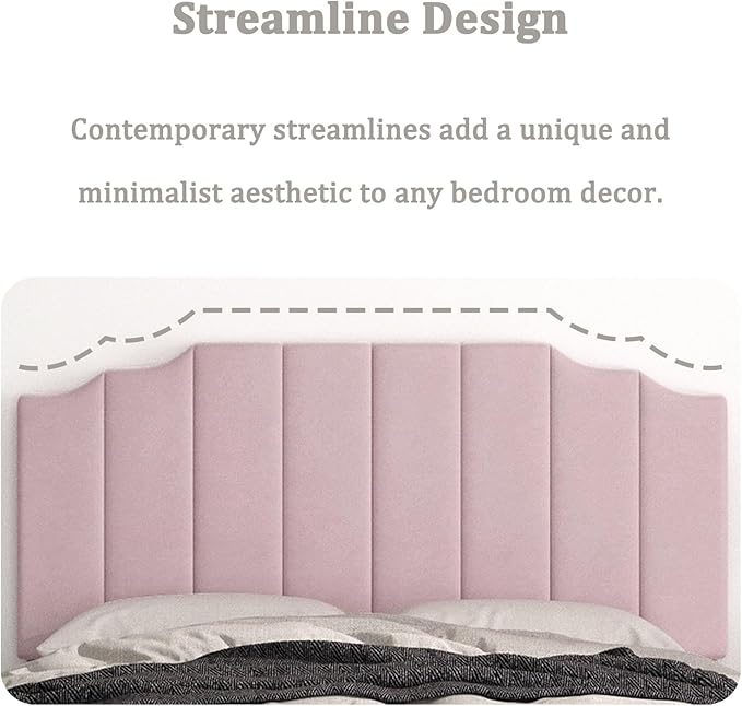 Befurtori Queen Size Headboard Only, Velvet Wall Mounted Headboard Queen/Full Size for Adjustable Bed, Modern Vertical Channel Design with Curved Tufted Upholstered Head Board, Pink