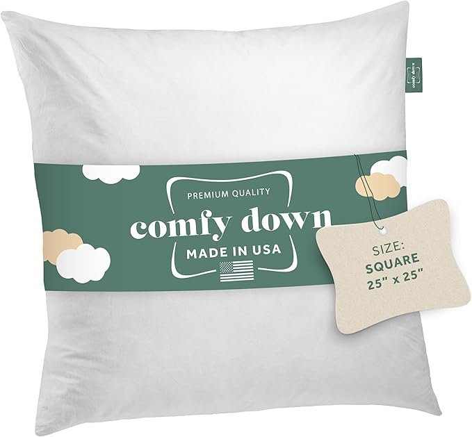 ComfyDown 25x25 Throw Pillow Insert, Down & Feather Fill, 100% Cotton Cover, Made in USA – Premium Soft Decorative Pillow Form Sham Stuffer for Bed, Sofa & Couch