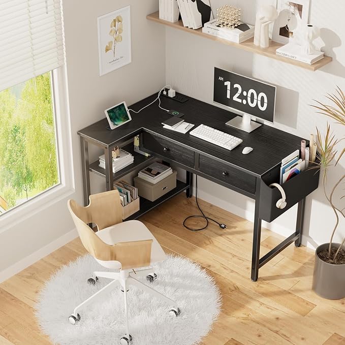 DLisiting Black Corner Desk for Small Space with Drawers, Reversible Gaming L Shaped Computer Desk with Storage Shelves for Boys, Corner Work Study PC Desks for Bedroom