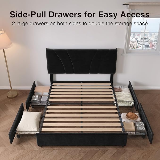 Novilla King Bed Frame and Headboard, King Size Bed Frame with Storage Drawers, King Bed Frame with LED Lights, Charging Station and Adjustable Headboard, No Box Spring Needed, Black Velvet