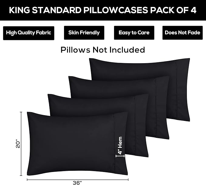 Utopia Bedding King Standard Pillow Cases - 4 Pack - Envelope Closure - Soft Brushed Microfiber Fabric - Shrinkage and Fade Resistant Pillow Covers 20 X 36 Inches (King Std, Black)
