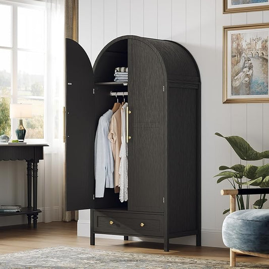 VINGLI Arched Wardrobe Closet Armoire with Doors and Drawer, 70" Tall Wooden Wardrobe Cabinet,Clothing Storage Cabinet, Large Capacity Storage, Black