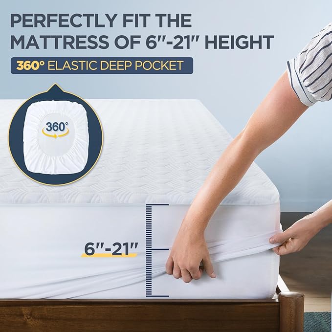 Premium Waterproof Queen Mattress Protector Made From Silver-infused Bamboo Rayon For Better Health, Odor-free Hypoallergenic Mattress Cover Queen Size Bed, Noiseless Bed Cover with 6"-21"Deep Pocket