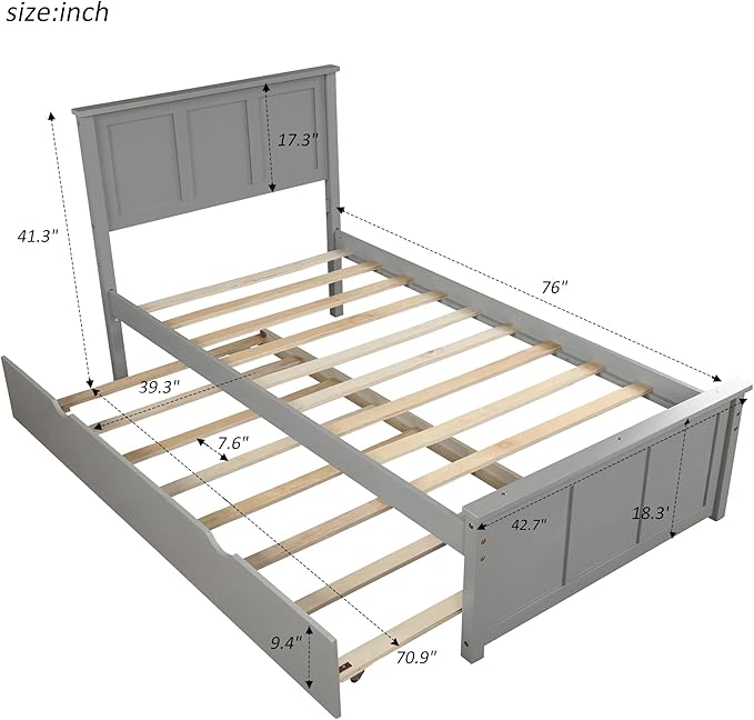 Ball & Cast Twin Bed Frames,Dyabed Platform Bed W/Pull Out Trundle Bed,Trundle can be Placed on Either Side of The Bed,for Bedroom,Guest Room,Apartment,Gray