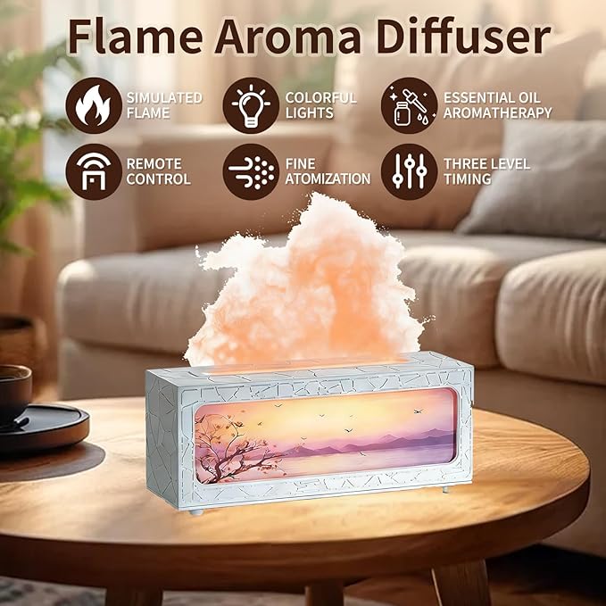 250ml Essential Oil Diffuser, Fireplace Flame Design Aromatherapy Humidifier, 7 Color LED Lights, Ultrasonic Quiet Auto Shut-Off Timer, BPA-Free for Home Bedroom Office (C08W)
