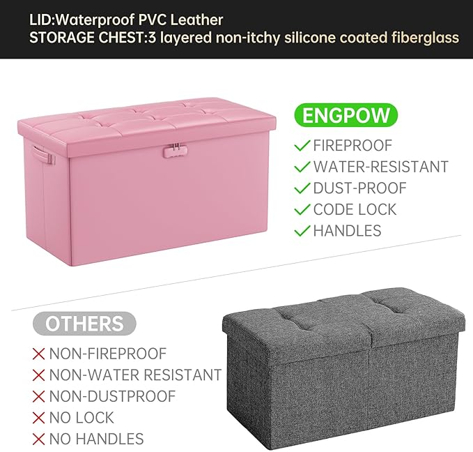 ENGPOW Storage Ottoman Bench,Fireproof Folding Bench with Lock,30 Inches Fire＆Water Resistant Storage Chest Foot Rest Stool Leather Bedroom Ottoman Safe for Documents,Valuables, Pink