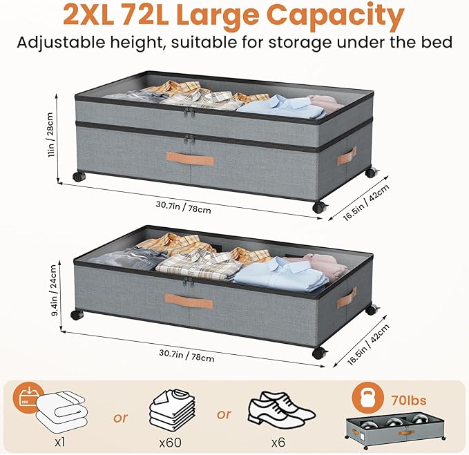 Storage Box,Under Bed Storage with Wheels 72L XXL Under the Bed Storage Containers Large, 10‘’ Tall Adjustable Storage for Underbed with Lids, Rolling for Shoes, Clothes, Blankets, Grey