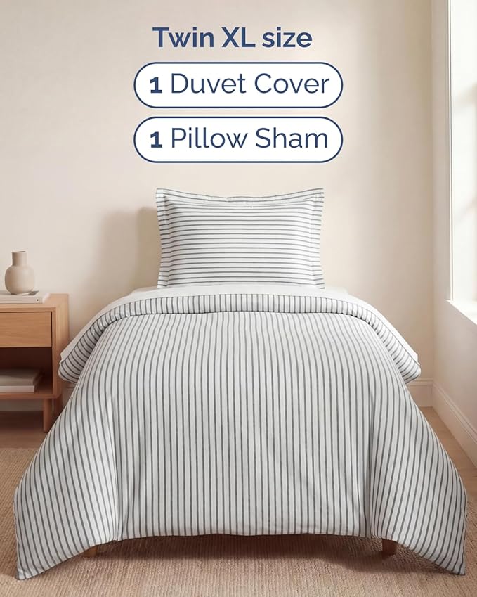 Duvet Cover Twin/Twin XL Size Set - Extra Soft Twin/Twin XL Duvet Cover 68" x 90" with 1 Pillow Sham - Hotel Luxury, Easy Care, Fade Free w/ Zipper Closures & Ties - Comfy & Breathable (Grey Stripes)