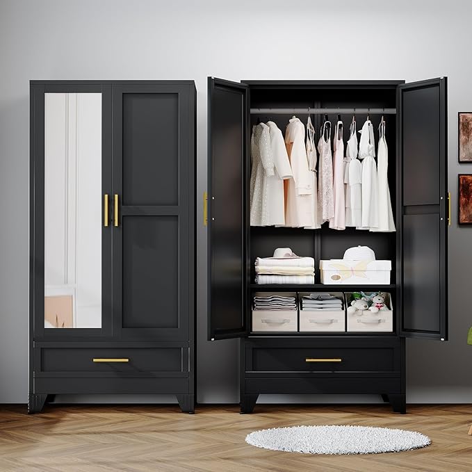 RIETERN Metal Armoire Wardrobe Closet, 71" Tall Bedroom Closet with Mirror, 1 Drawer, Adjustable Shelves, and Hanging Rod, Steel Clothes Closets and Storage, for Bedroom Black