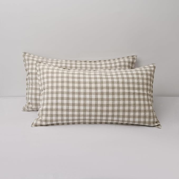 CHUFFED 100% French Linen Pillow Cases King Size Set of 2, Stone Washed Flax Pillow Covers with Zipper Closure - Breathable & Cooling for Hot Sleepers,20x36 Inches, Linen Plaid