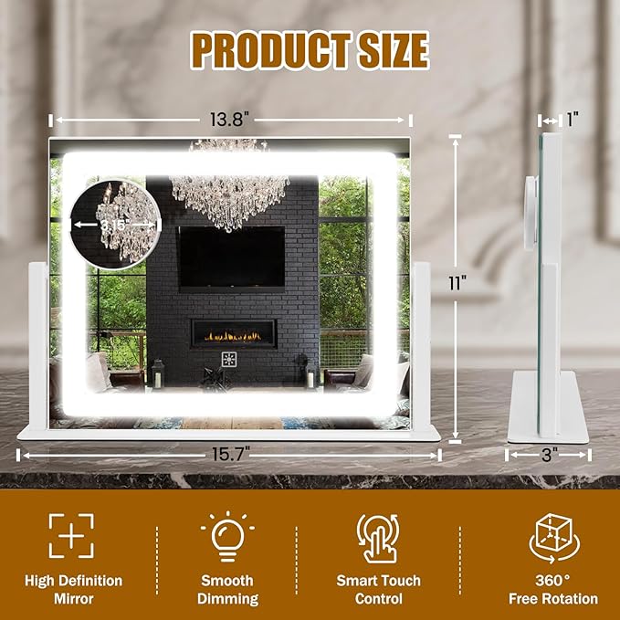Vanity Mirror with Lights, 16"×12" LED Makeup Mirror, HD Professional Mirror, 10X Magnification, Smart Touch with 3-Color Lighting, Dimmable, 360° Rotation, Lighted Up for Makeup Desk, Bedroom (White)
