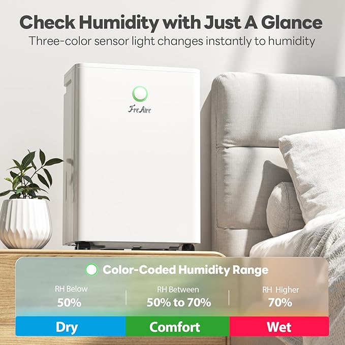 FreAire 2500Sq.Ft Dehumidifier, 34Pint Dehumidifiers for Home, Quiet Dehumidifier for Basement, Bedroom, Bathroom, with 6.56FT Drain Hose, 0.53Gal Water Tank, 3-Color Humidity Light