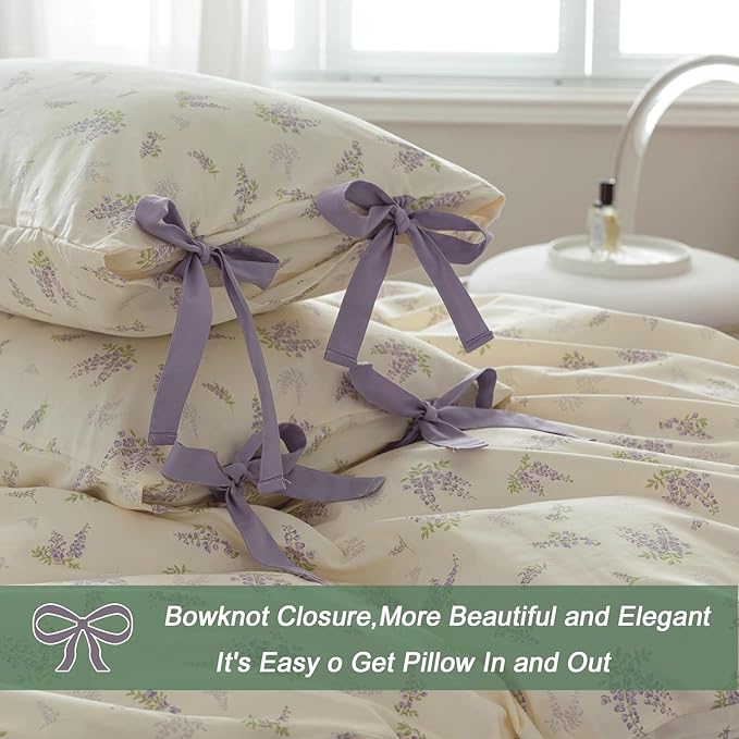 VM VOUGEMARKET Purple Flower Duvet Cover Set Twin 3 Pieces Girls Cottagecore Bedding Set 100% Cotton Lilac Floral Comforter Cover with Zipper Closure,Vintage Country Bedding-Lavender,68x86 Inch