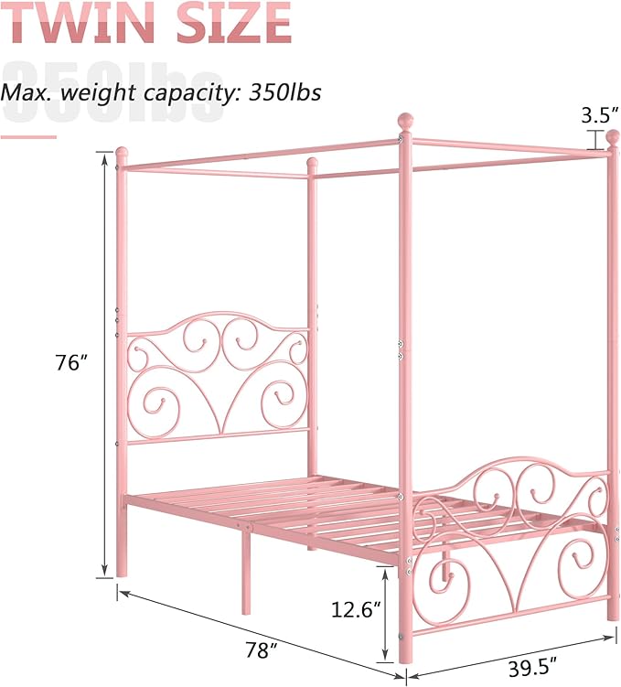 VECELO Metal Canopy Bed Frame Twin Size, 4 Posters Platform Mattress Foundation with Headboard, Heavy Duty Steel Slats Support, No Box Spring Needed, Pink