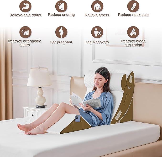 Yojoker 4PCS Orthopedic Bed Wedge Pillow Set for Sleeping, Post Surgery Foam Pillow for Body, Back and Leg Pain Relief, Triangle Adjustable Support Pillow - Acid Reflux Sleeping Pillows Brown
