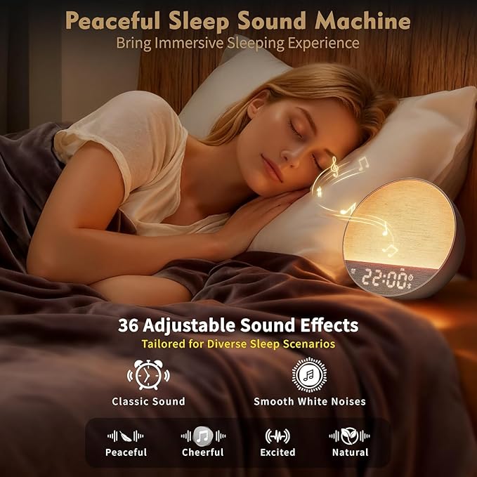 Dynamic Sunrise Alarm Clock with Bluetooth Speaker, Remote Control, Dual Alarms, Tap-to-Snooze, Display Off Mode, 36 Sounds + 15 Lightings, White Noise Sound Machine for Sleeping Adults, Kids [Cream]