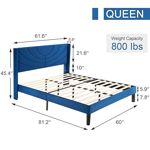 VECELO Queen Bed Frame Upholstered Platform with Fabric Headboard,Wooden Slats Support/No Box Spring Needed/Mattress Foundation,Dark Blue