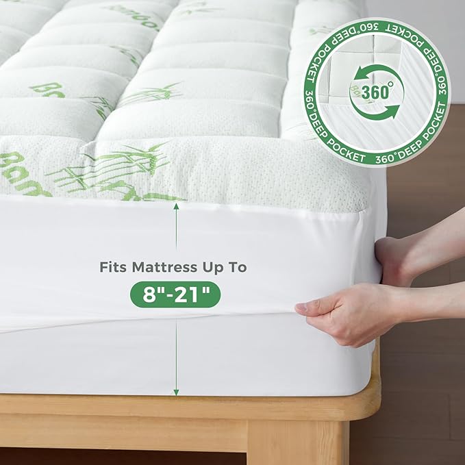 HYLEORY Mattress Topper - Thick Bamboo-Viscose Naturally Cooling Pillow Top Mattress Pad Breathable Fluffy Soft Mattress pad for Back Pain Relief, Twin Size, Green