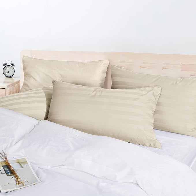 100% Egyptian Cotton Pillow Protectors Set of 4, 600 Thread Count Queen Size Bed Pillow Cases with Zipper, Sateen Weave Cooling Pillow Cases Quiet and Breathable Easy Care (4PCS, Stripe-Beige)