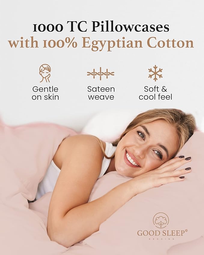 1000 TC Blush King Pillowcases Set of 4 100% Egyptian Cotton Pillow Cases with Long Staple Cotton & Sateen Weave, Silky Soft Hotel - Like Bed Pillow Covers for Comfy Sleeping, Snug Fit